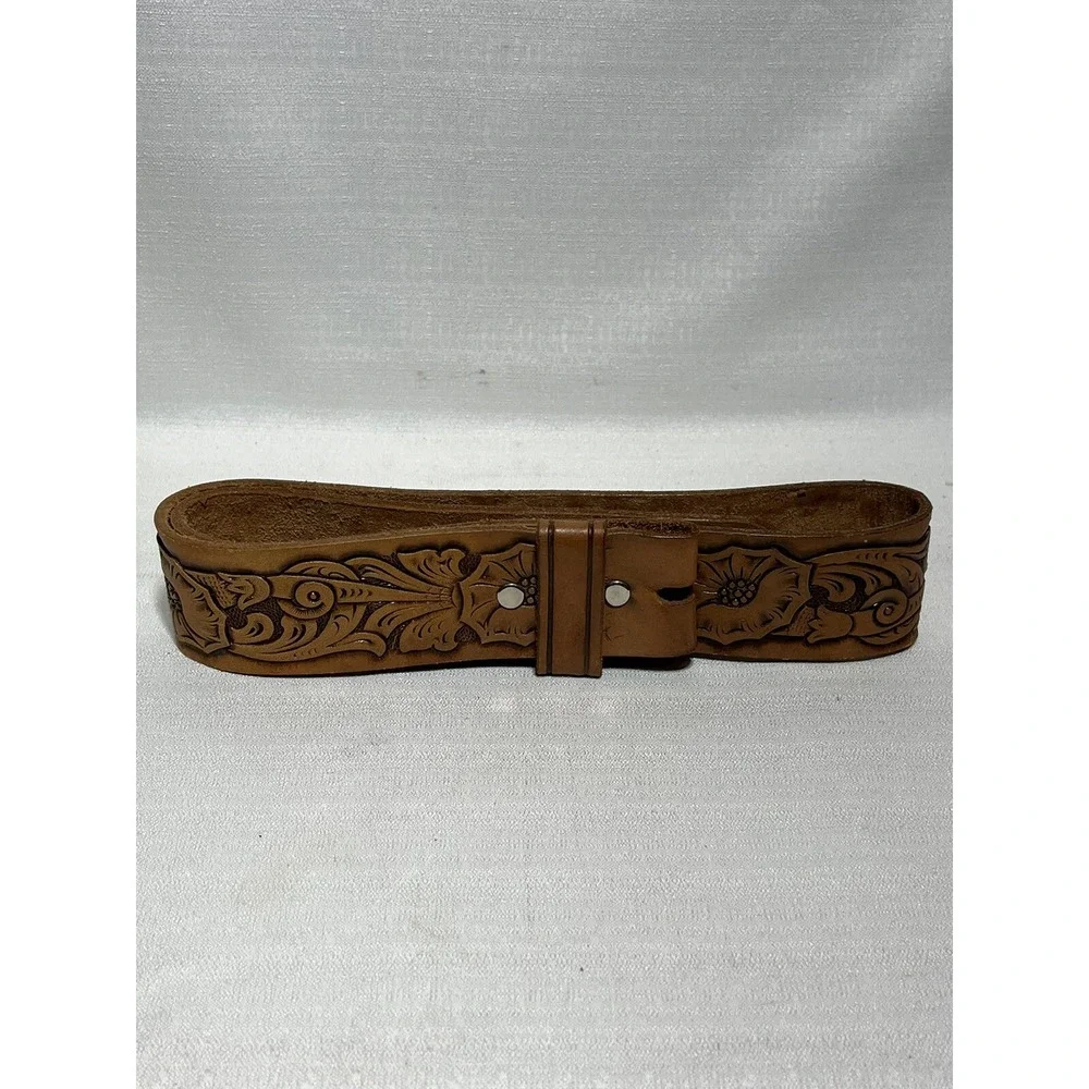 Belt Leather JC Penney Hand Finished Brown Floral Morning Glory Sz 30 #27016 VTG